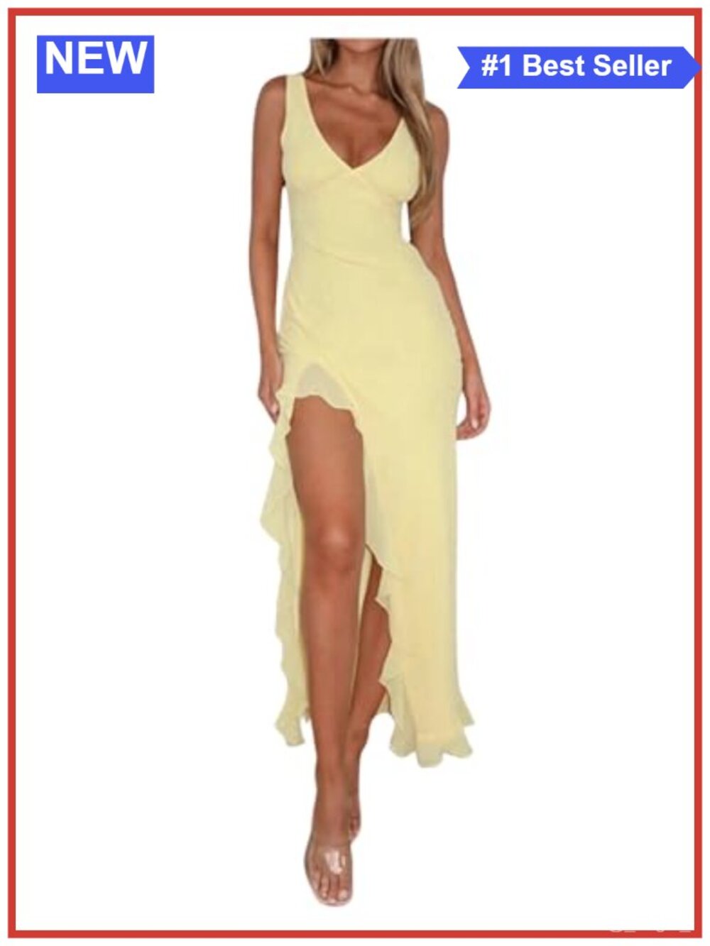 Sleeveless V Neck Ruffle Trim Split Hem Bodycon Long Dress